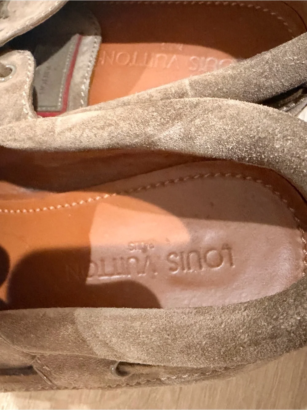 Louis Vuitton Men’s Suede Boat Shoes in Taupe with Red Soles